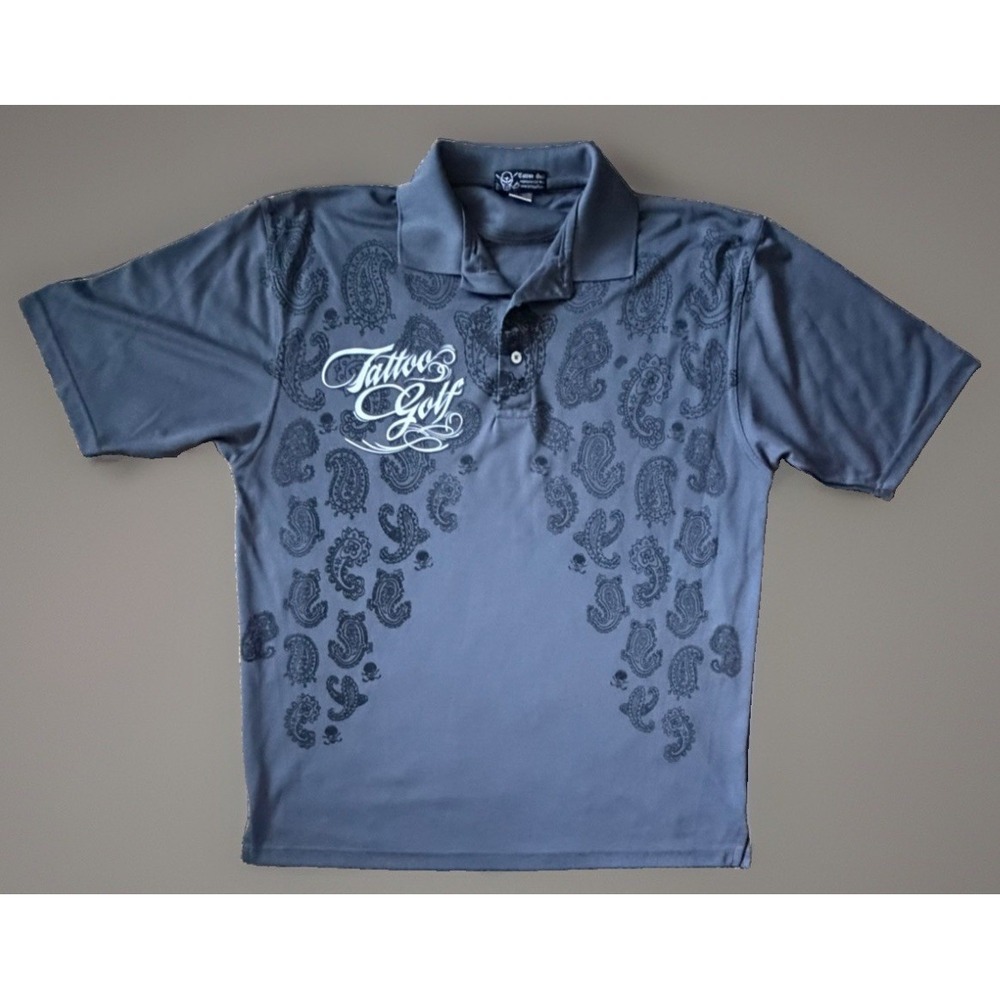 Tattoo Golf Short Sleeve Polo Shirt Gray Geometric Skull Paisley Logo XL JBHS